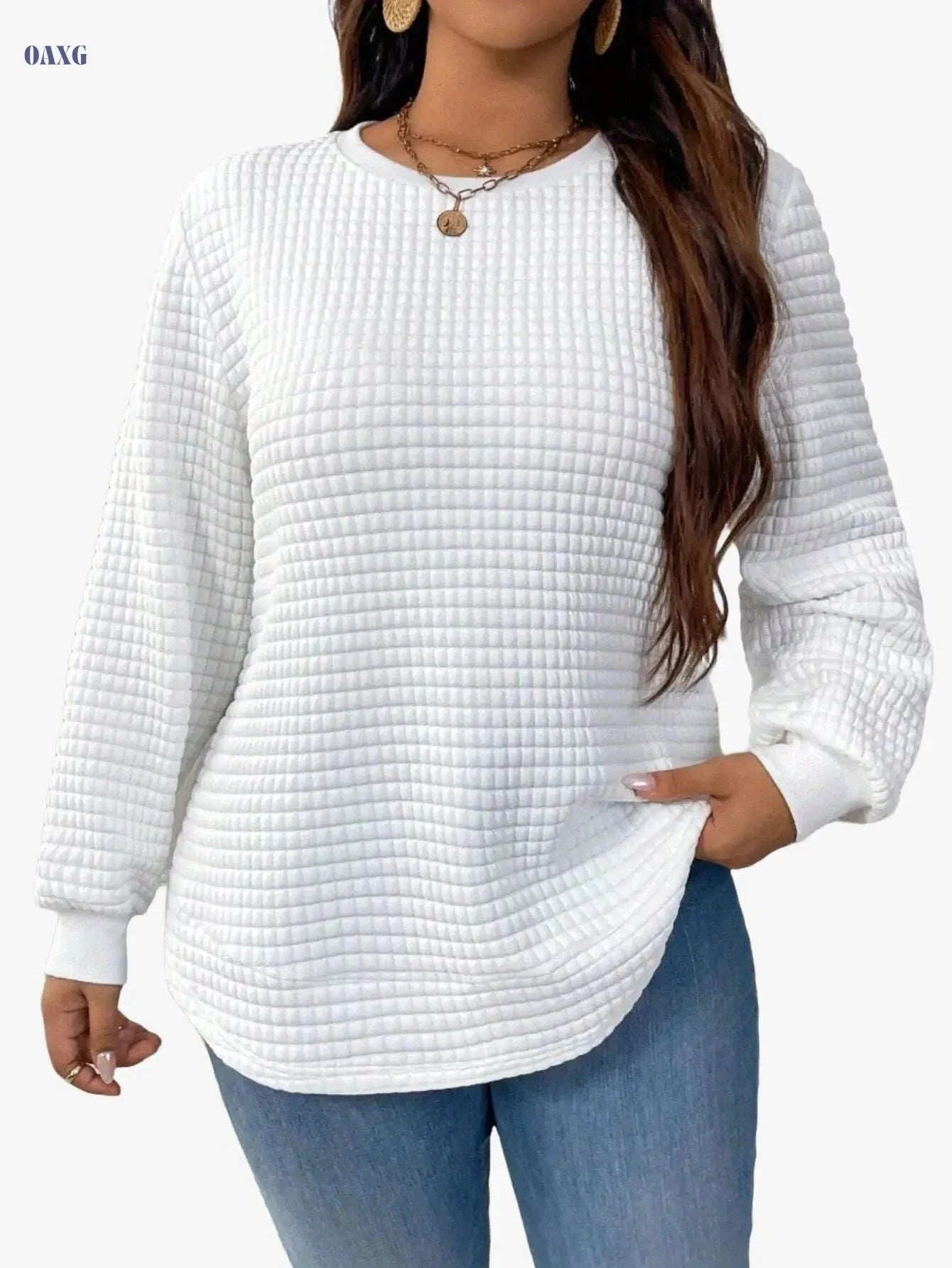 Autumn Winter Solid Color Sweatshirt - Casual Crew Neck Pullover   OAXG White / S