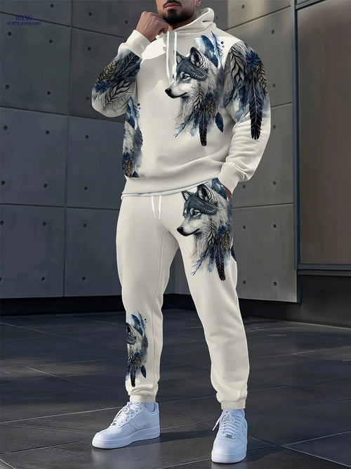 Autumn Wolf Pattern Hoodie and Sweatpants Set - Casual Unisex Style   OAXG 