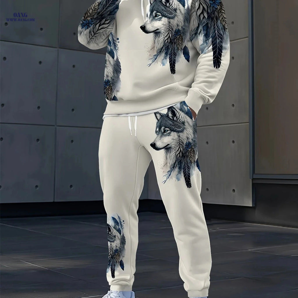 Autumn Wolf Pattern Hoodie and Sweatpants Set - Casual Unisex Style   OAXG 