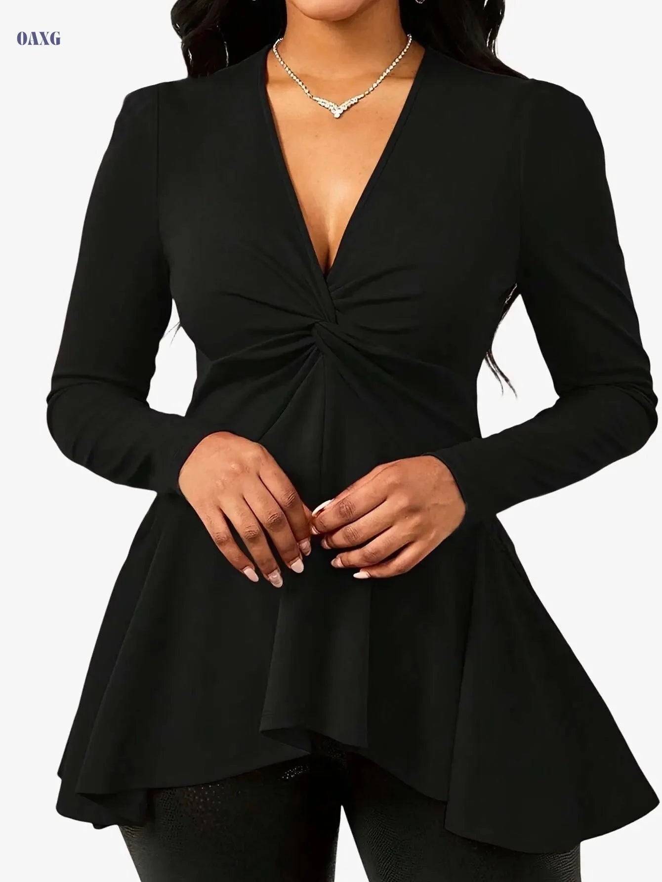 Autumn Women's Twisted Neckline Long Sleeve Top - Casual Style   OAXG Black / S