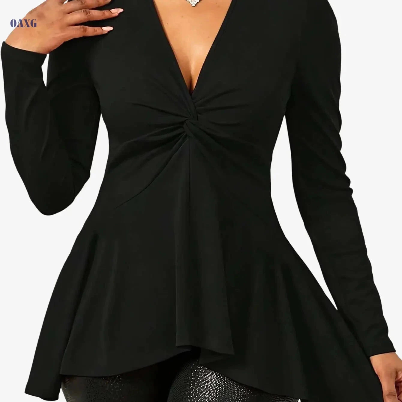 Autumn Women's Twisted Neckline Long Sleeve Top - Casual Style   OAXG Black / S