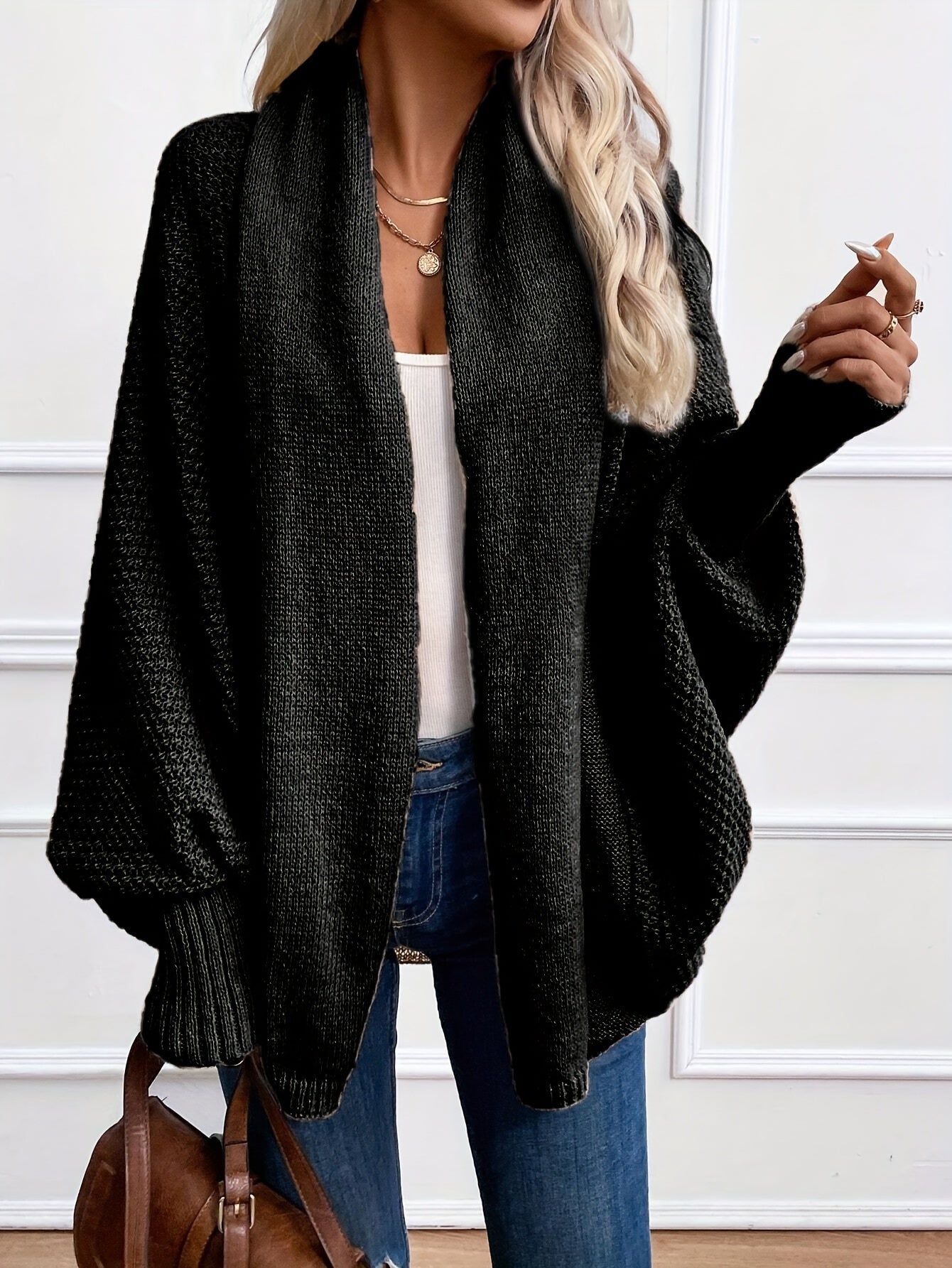 Batwing Sleeve Open Front Cardigan   OAXG Black / S