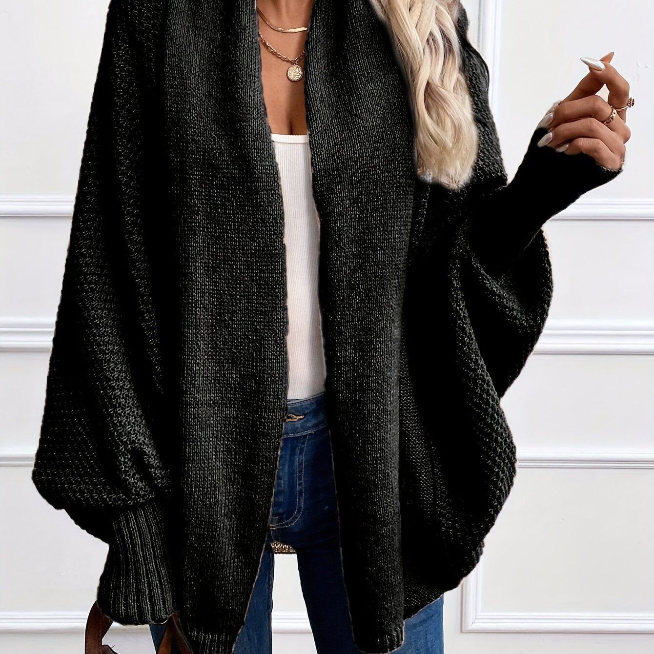 Batwing Sleeve Open Front Cardigan   OAXG Black / S