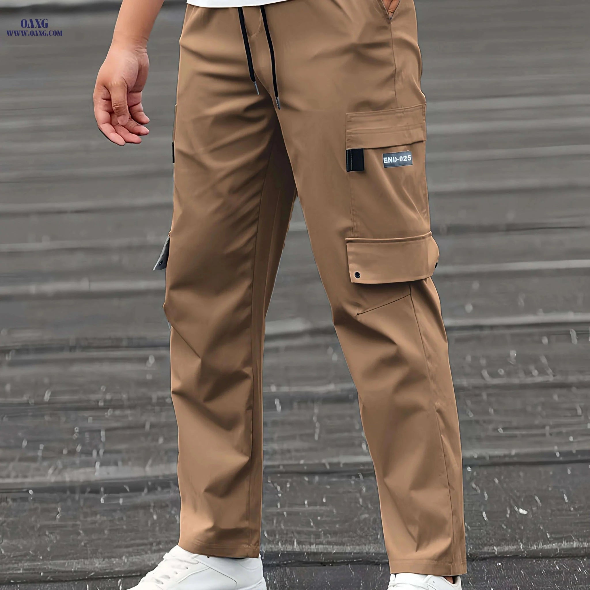 Beige Casual Men's Cargo Pants - Comfortable Mid-Rise with Pockets   OAXG Black / S