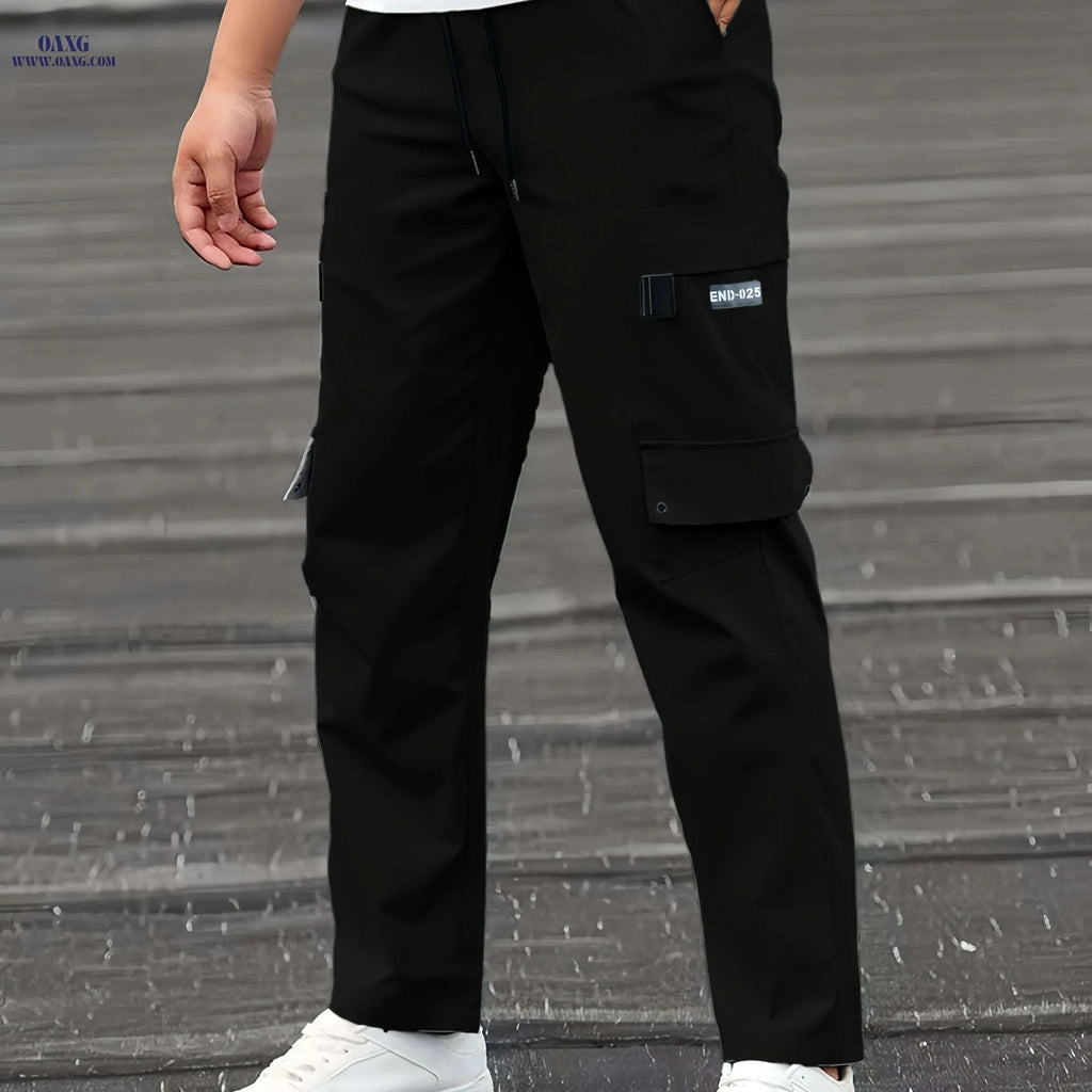 Beige Men's Cargo Pants - Casual Relaxed Fit with Drawstring Waist   OAXG Black / S