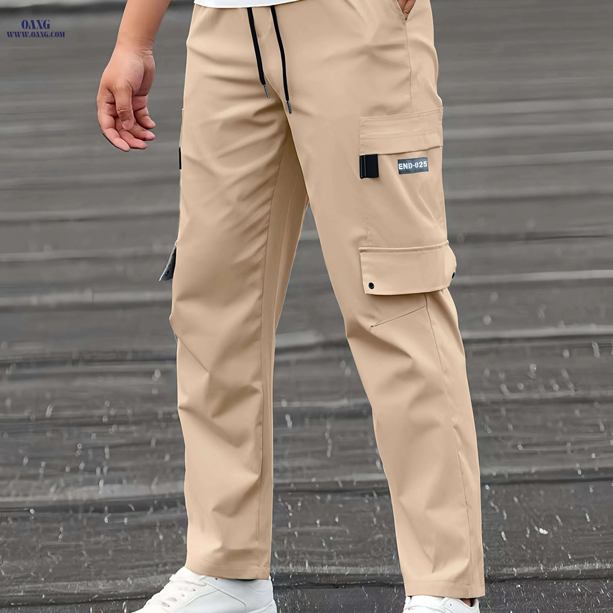 Beige Men's Cargo Pants - Casual Relaxed Fit with Drawstring Waist   OAXG Black / S