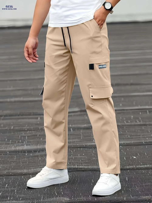 Beige Men's Cargo Pants - Casual Relaxed Fit with Drawstring Waist   OAXG Black / S