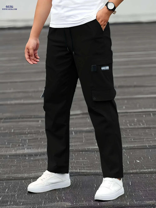 Beige Men's Cargo Pants - Casual Relaxed Fit with Drawstring Waist   OAXG Black / S