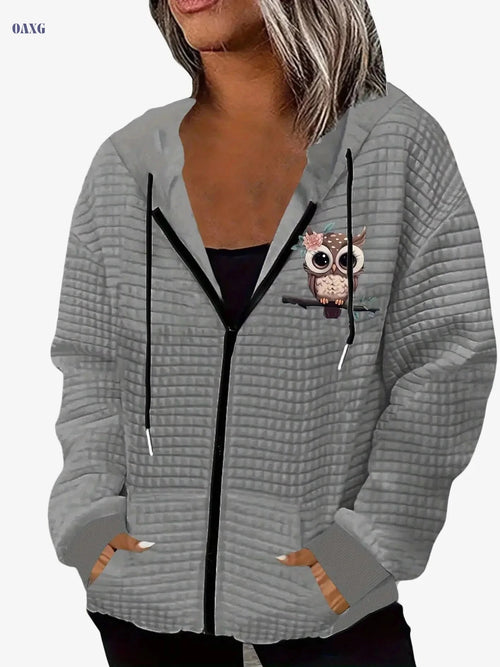 Big-Eyed Owl Pattern Jacket - Casual Waffle Knit, Zipper Hooded   OAXG 