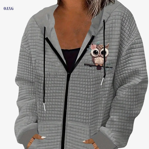 Big-Eyed Owl Pattern Jacket - Casual Waffle Knit, Zipper Hooded   OAXG Grey / S