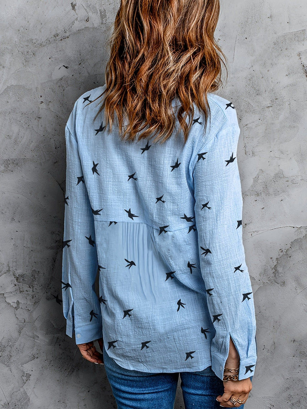 Bird Print Button Front Shirt, Casual Long Sleeve Shirt For Spring & Fall, Women's Clothing   OAXG White / S