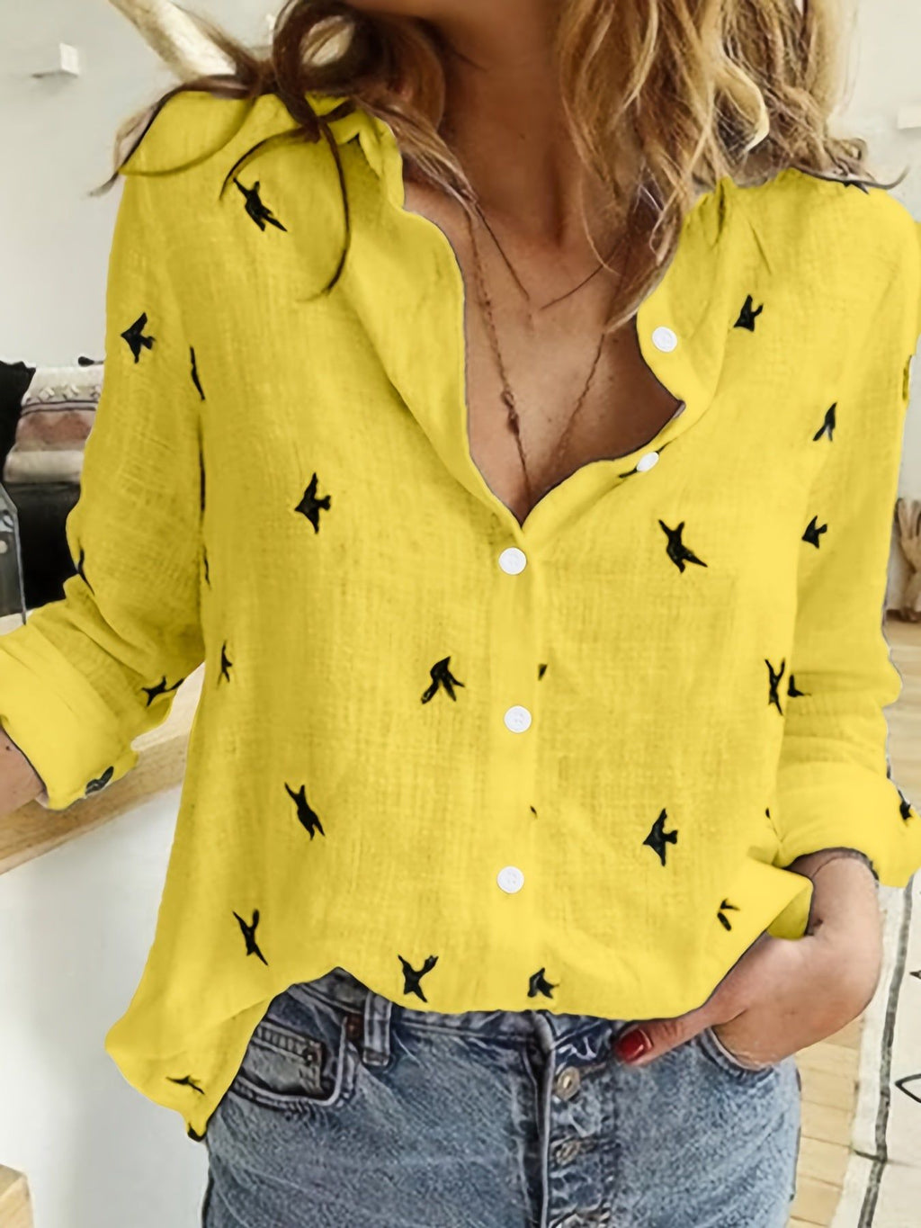 Bird Print Button Front Shirt, Casual Long Sleeve Shirt For Spring & Fall, Women's Clothing   OAXG White / S