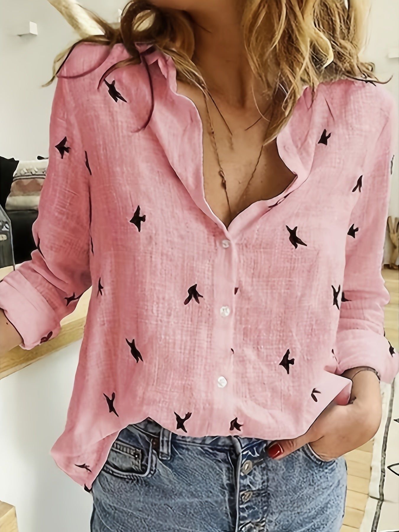 Bird Print Button Front Shirt, Casual Long Sleeve Shirt For Spring & Fall, Women's Clothing   OAXG White / S