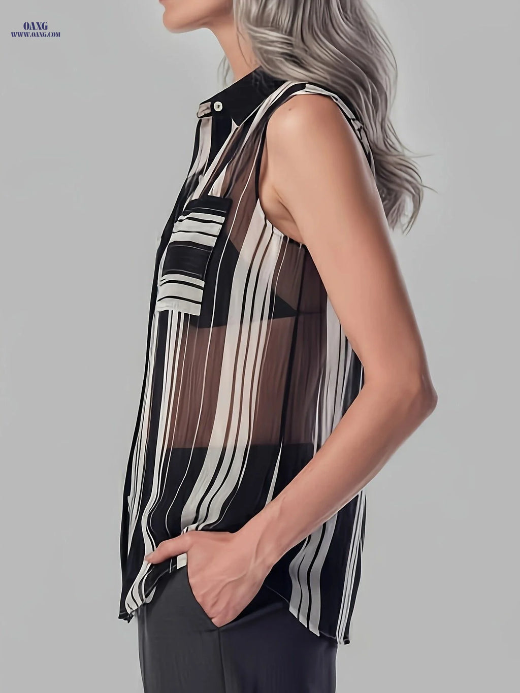 2026 Summer New European And American Style Black And White Striped Sleeveless Shirt Women'S Design Lightweight Chiffon Shirt Workplace Casual Temperament Lapel Versatile Top   OAXG Black And White Color / S