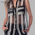 2026 Summer New European And American Style Black And White Striped Sleeveless Shirt Women'S Design Lightweight Chiffon Shirt Workplace Casual Temperament Lapel Versatile Top   OAXG Black And White Color / S