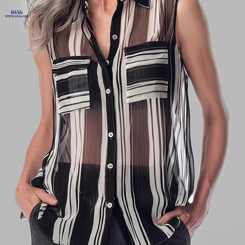 2026 Summer New European And American Style Black And White Striped Sleeveless Shirt Women'S Design Lightweight Chiffon Shirt Workplace Casual Temperament Lapel Versatile Top   OAXG Black And White Color / S