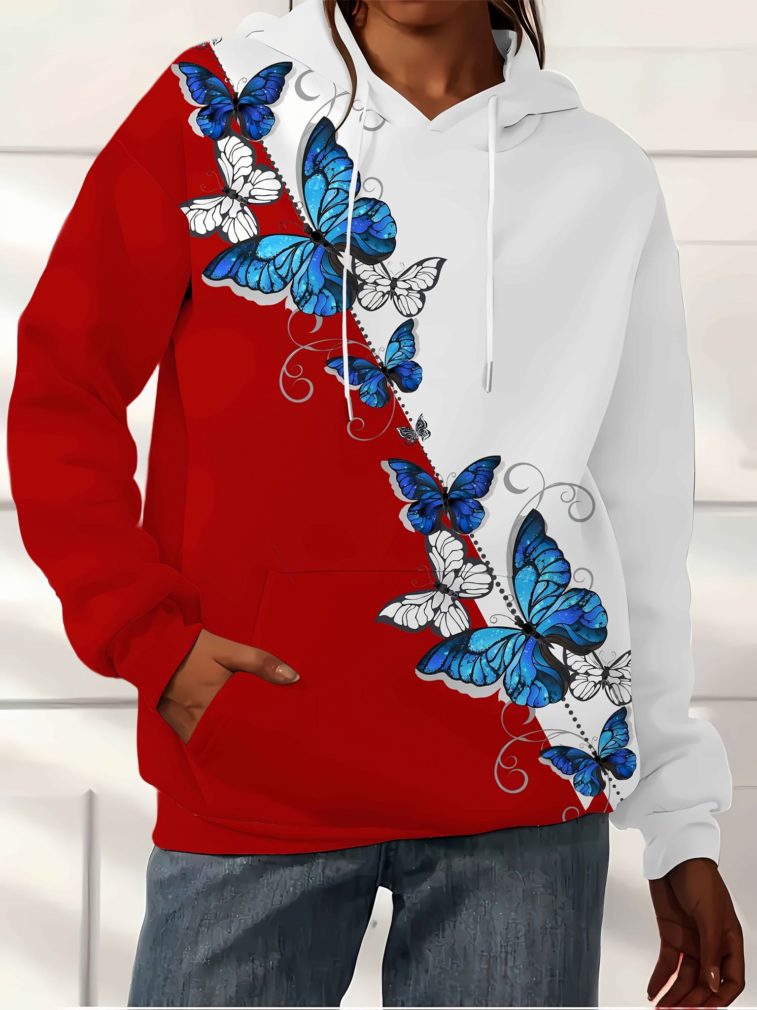 Black and White Two-color Splicing, Butterfly Print, Gentle Temperament Women's Hooded Spring and Autumn Hoodie, Women's Casual Sports Top   OAXG Multicolor / S