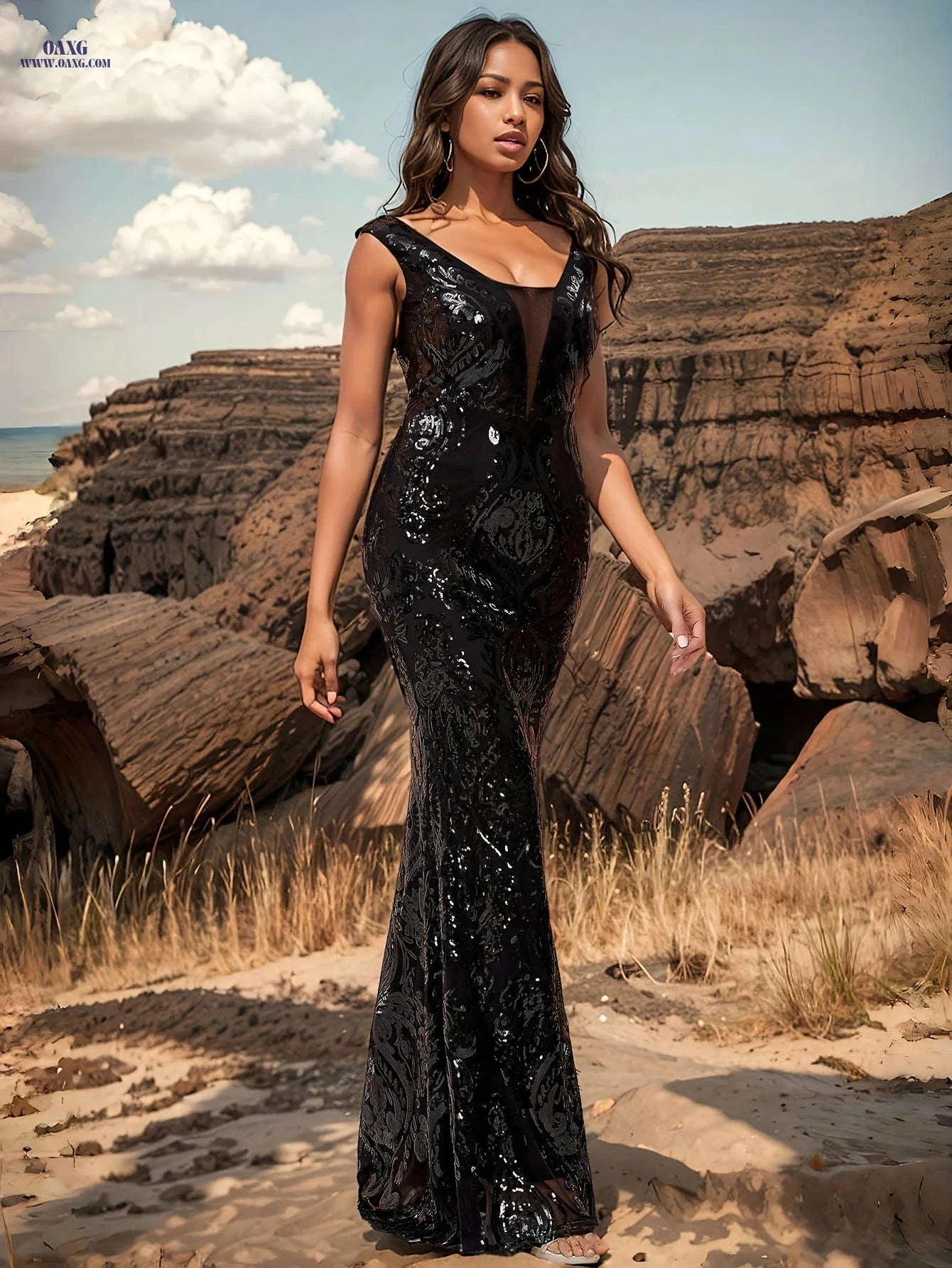 Black Fish Tail Dress - Sleeveless Sequins, Long Mermaid Style   OAXG 