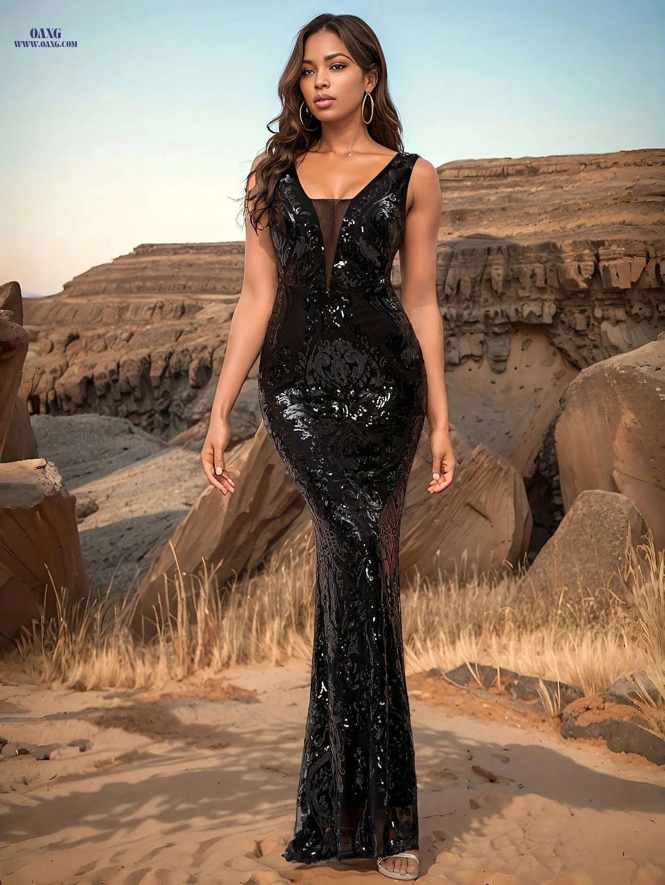 Black Fish Tail Dress - Sleeveless Sequins, Long Mermaid Style   OAXG Black / XS