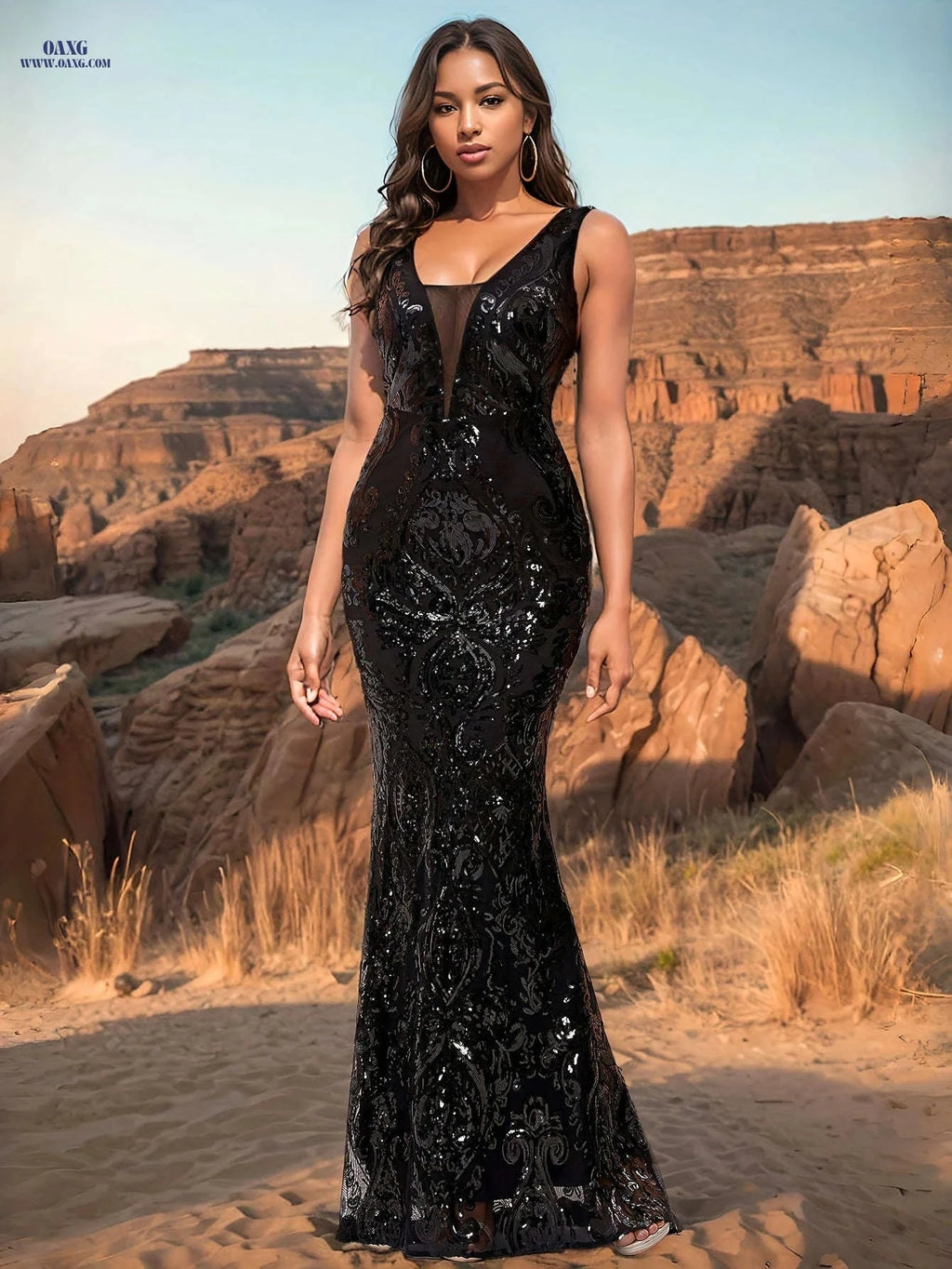 Black Fish Tail Dress - Sleeveless Sequins, Long Mermaid Style   OAXG Black / XS