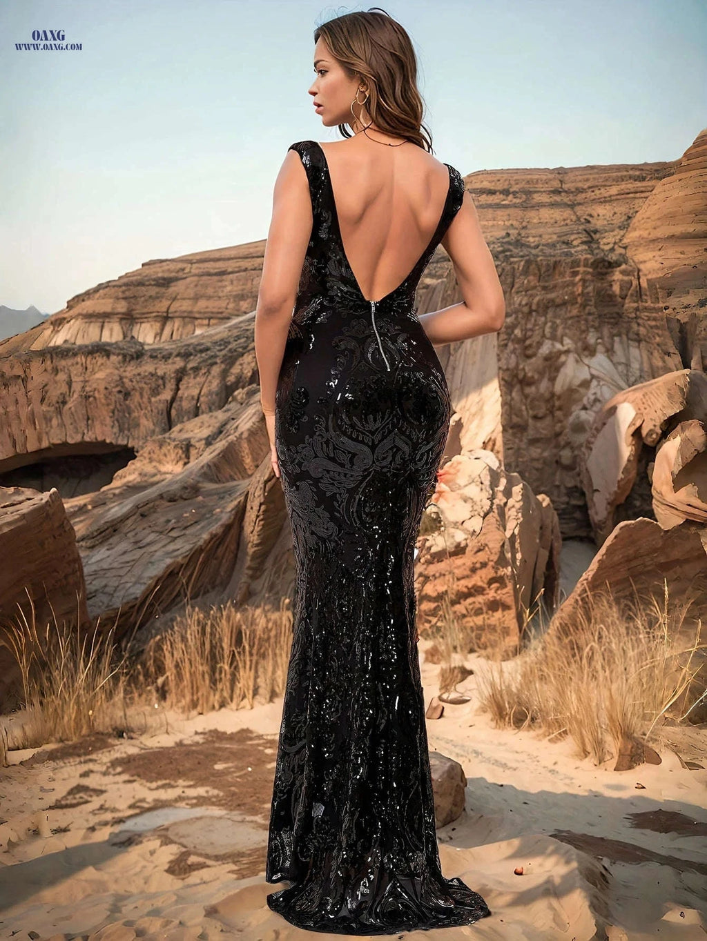 Black Fish Tail Dress - Sleeveless Sequins, Long Mermaid Style   OAXG Black / XS