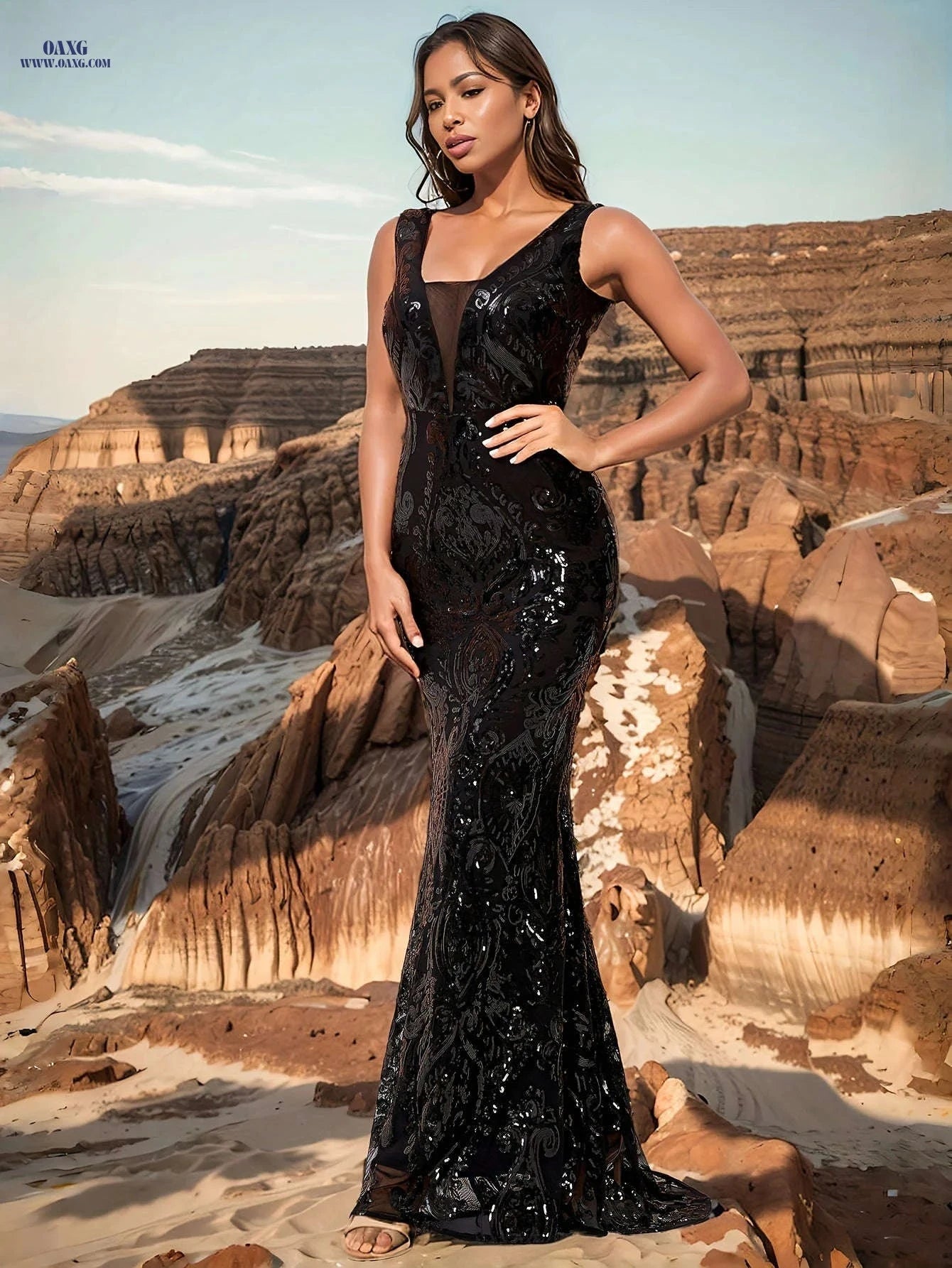 Black Fish Tail Dress - Sleeveless Sequins, Long Mermaid Style   OAXG Black / XS