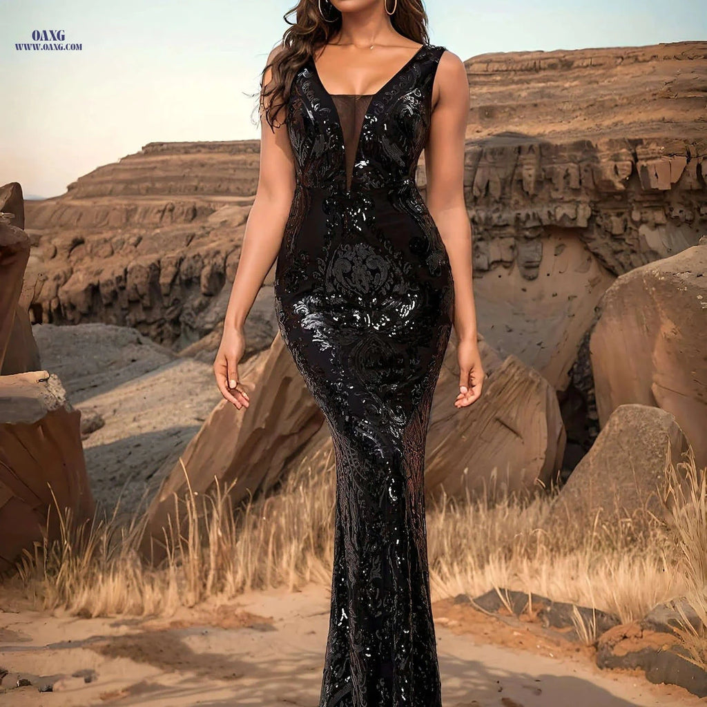 Black Fish Tail Dress - Sleeveless Sequins, Long Mermaid Style   OAXG 