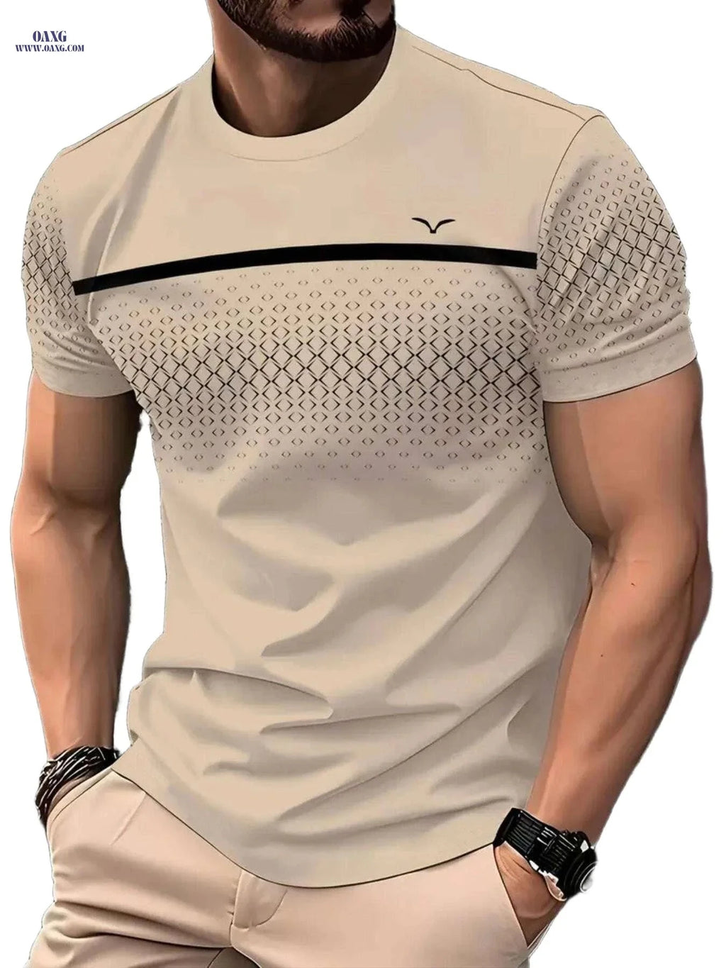 Black Men's Diamond Mosaic Print T-Shirt - Short Sleeve, Casual Style   OAXG 