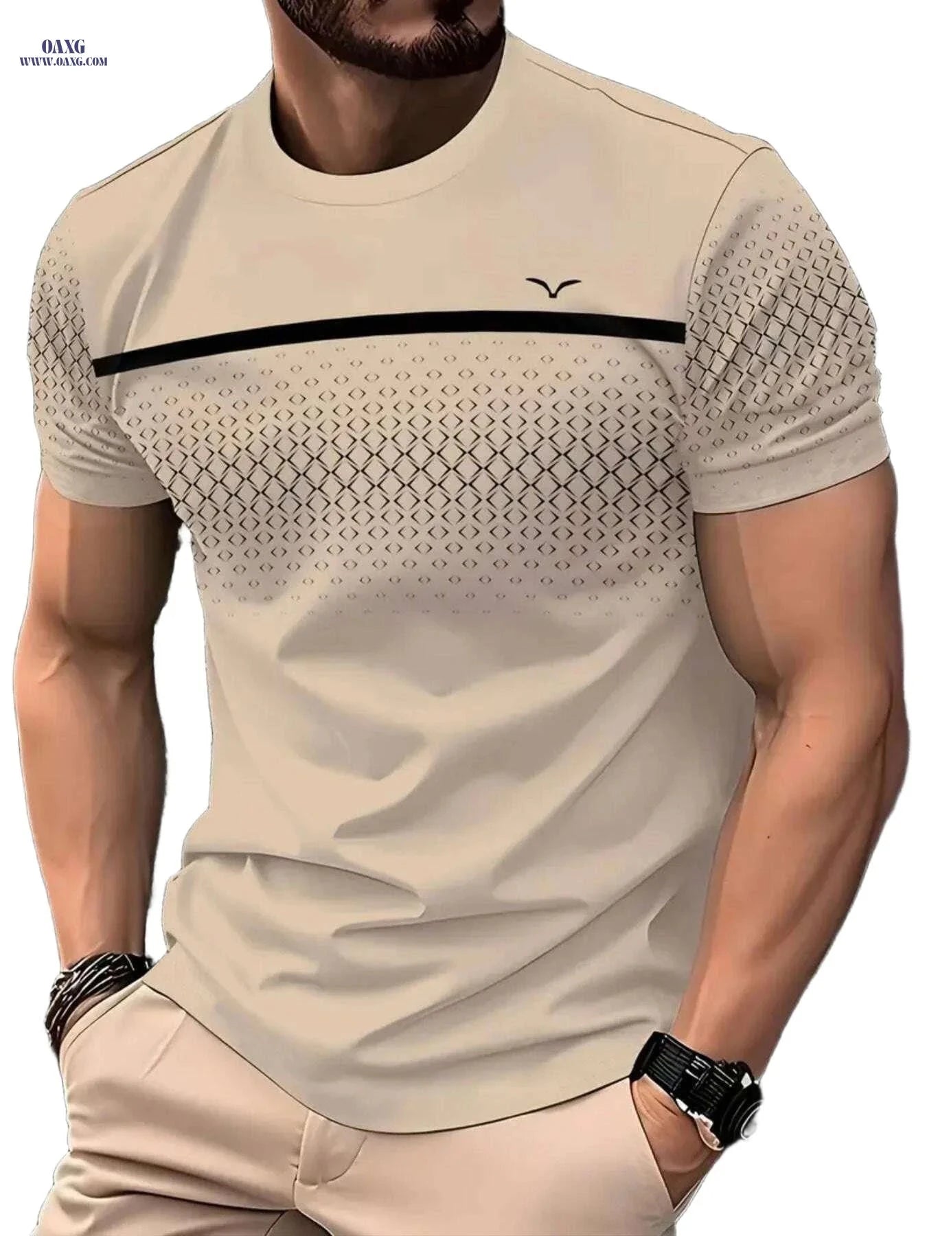 Black Men's Diamond Mosaic Print T-Shirt - Short Sleeve, Casual Style   OAXG 