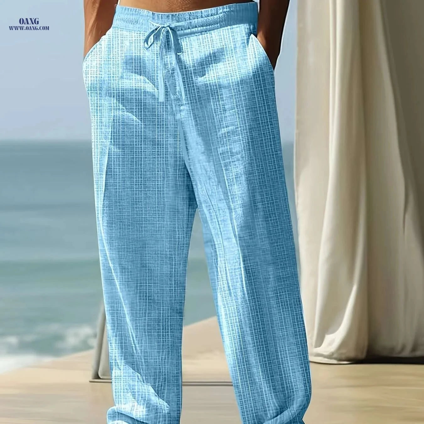 Black Men's Linen Drawstring Pants - Casual, Loose Fit, Breathable   OAXG Navy Blue / S