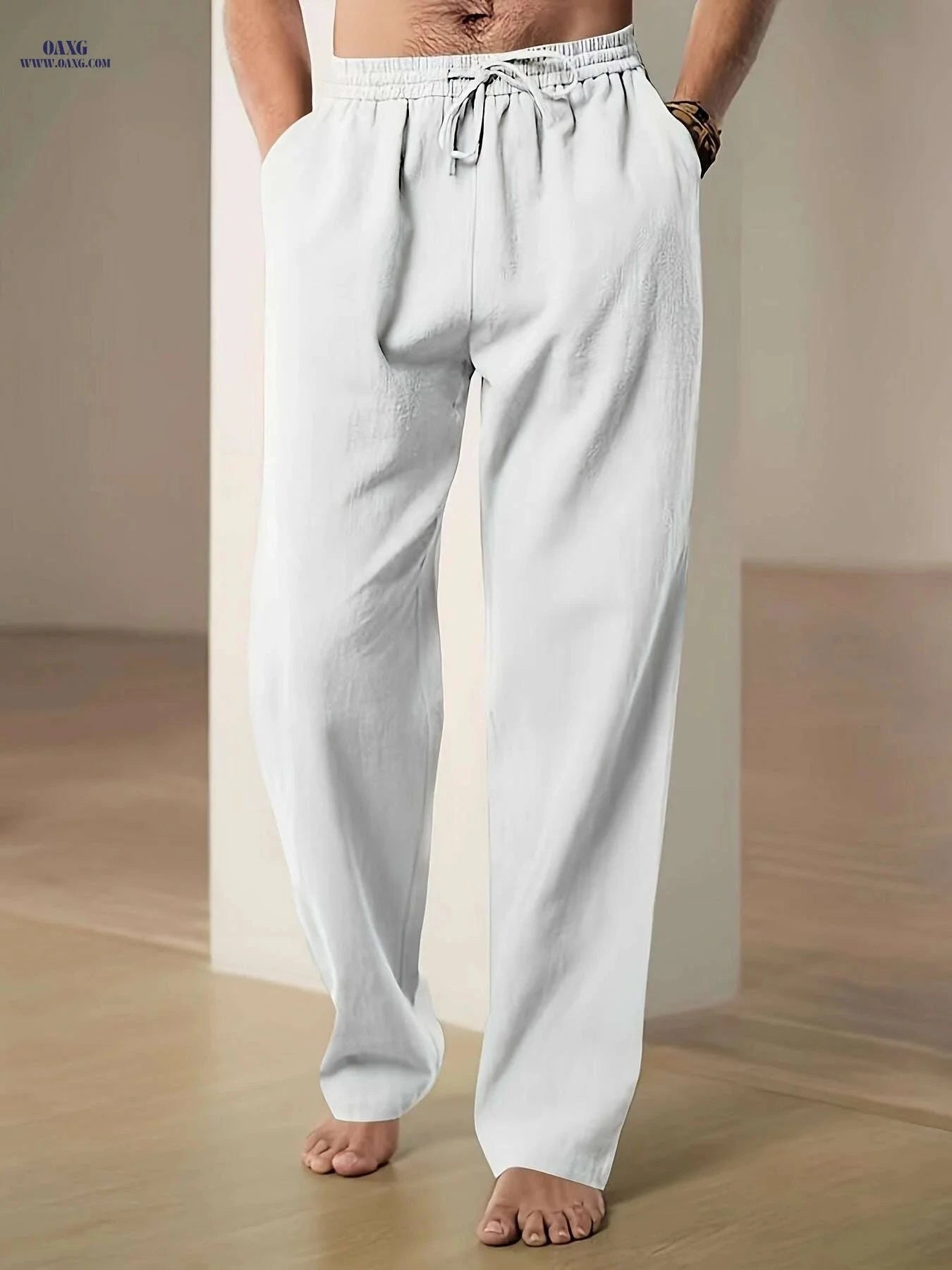 Black Men's Linen Drawstring Pants - Casual, Loose Fit, Breathable   OAXG Navy Blue / S