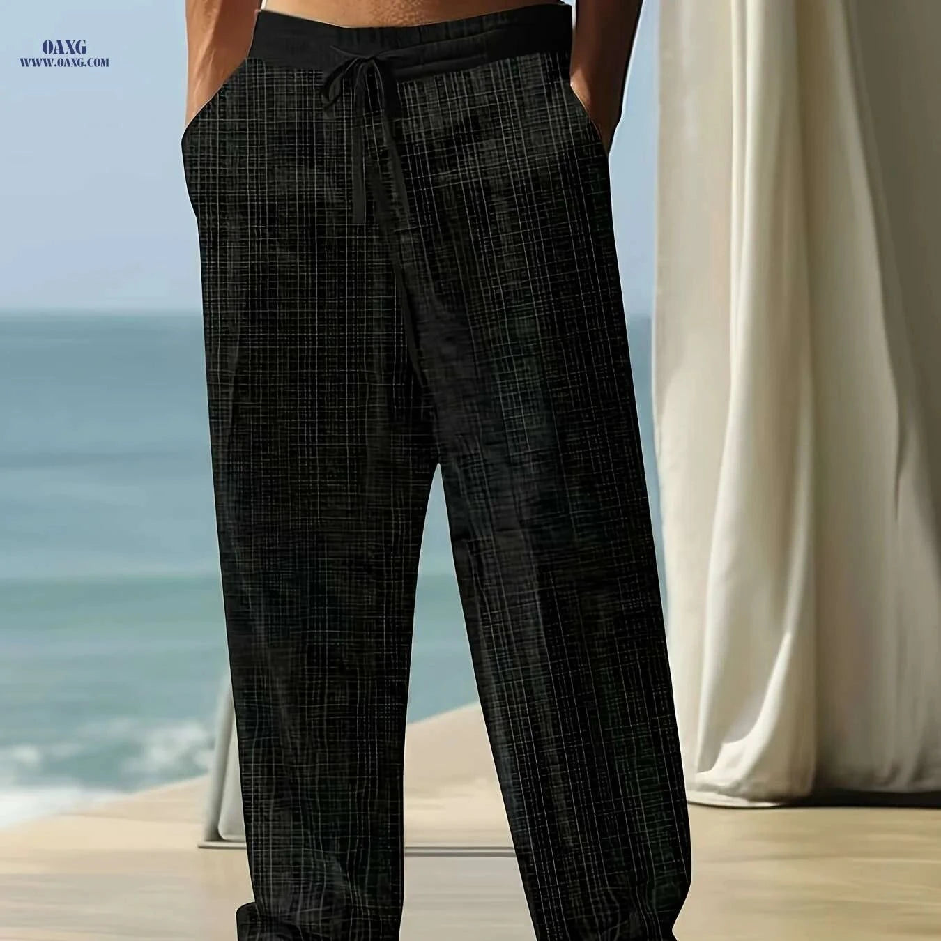 Black Men's Linen Drawstring Pants - Casual, Loose Fit, Breathable   OAXG Navy Blue / S