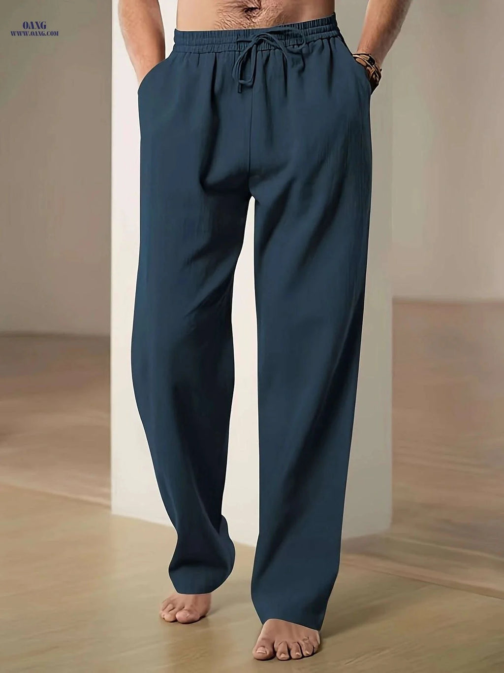 Black Men's Linen Drawstring Pants - Casual, Loose Fit, Breathable   OAXG Navy Blue / S