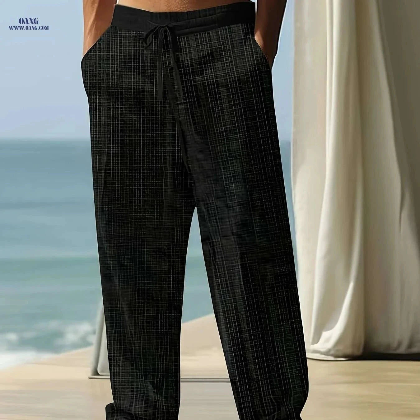 Black Men's Linen Drawstring Pants - Casual, Loose Fit, Breathable   OAXG Navy Blue / S