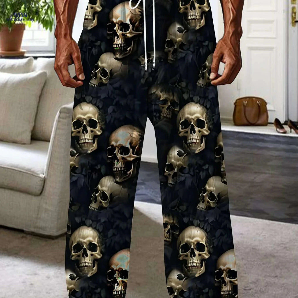 Black Men's Skull Print Joggers - Loose Fit, Casual Style for Fall   OAXG Mixed Color / M