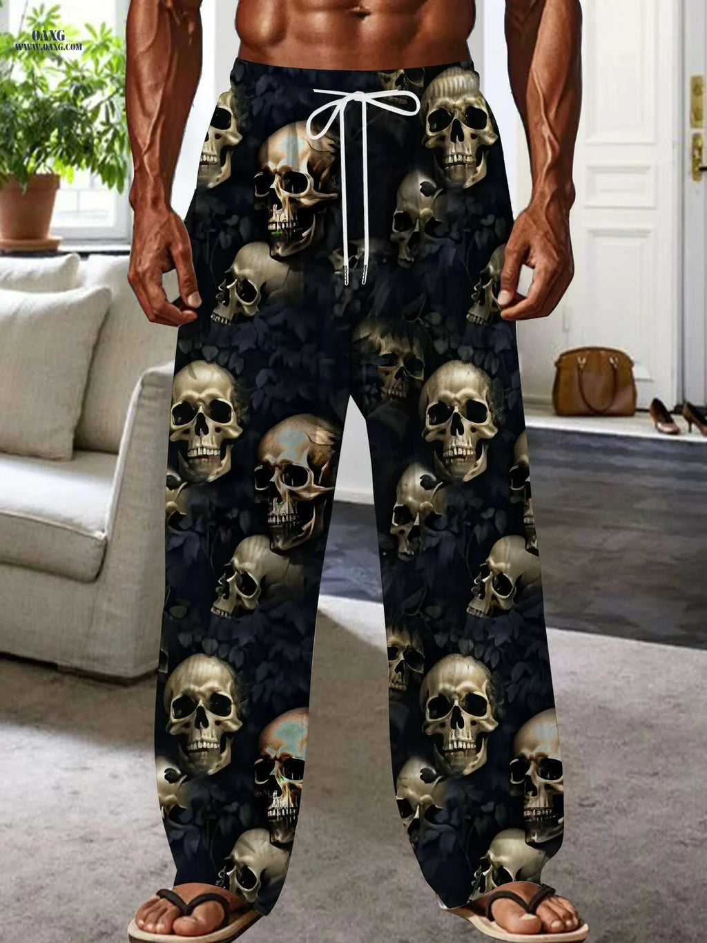 Black Men's Skull Print Joggers - Loose Fit, Casual Style for Fall   OAXG Mixed Color / M