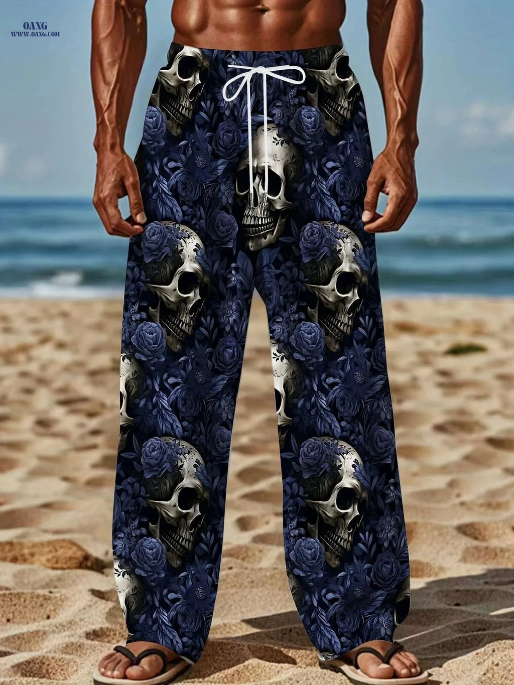 Black Men's Skull Print Joggers - Loose Fit, Casual Style for Fall   OAXG 