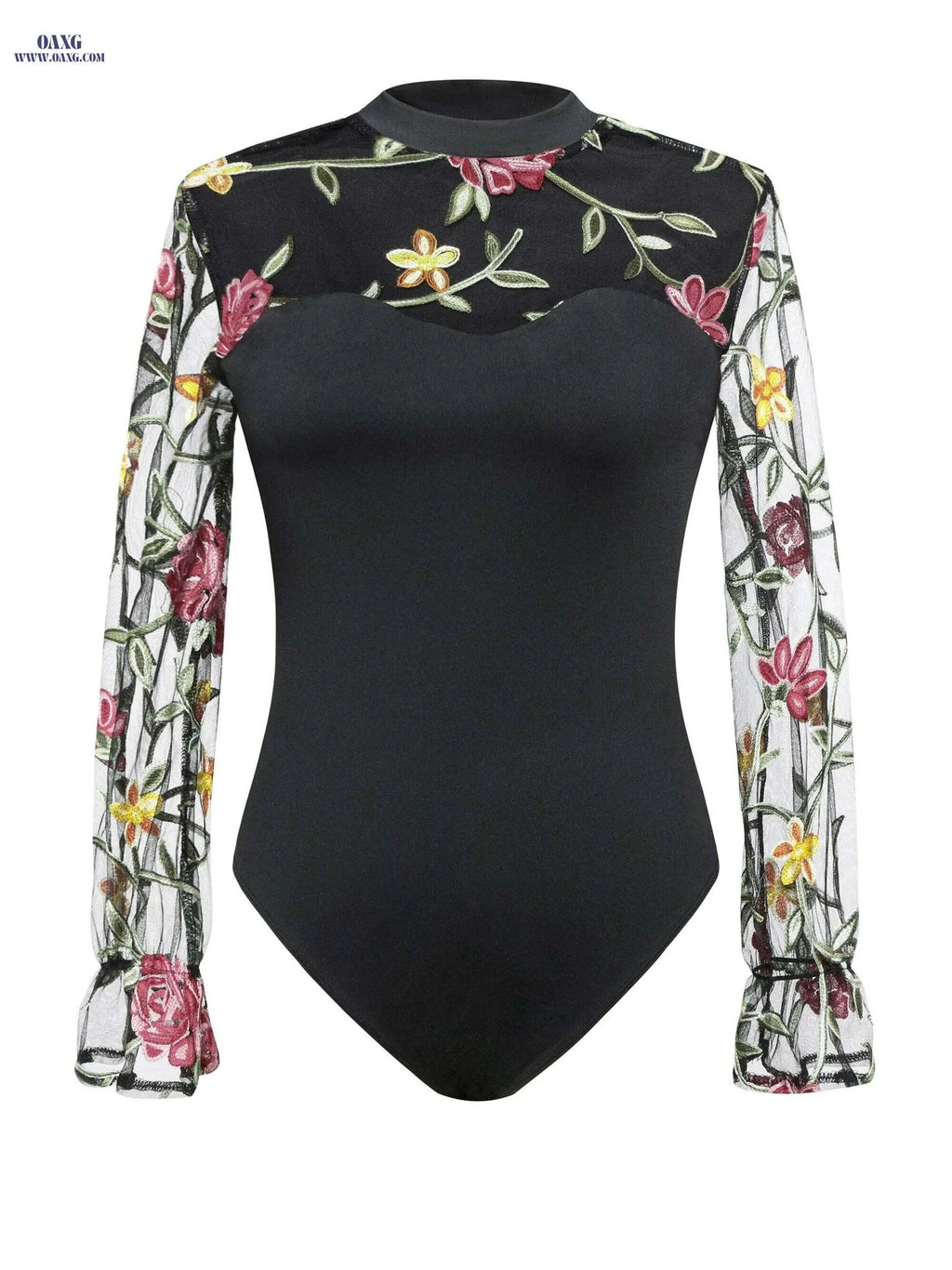 Black & Red Floral Mesh One-Piece Top - Sexy Stand Collar Style   OAXG Black / S