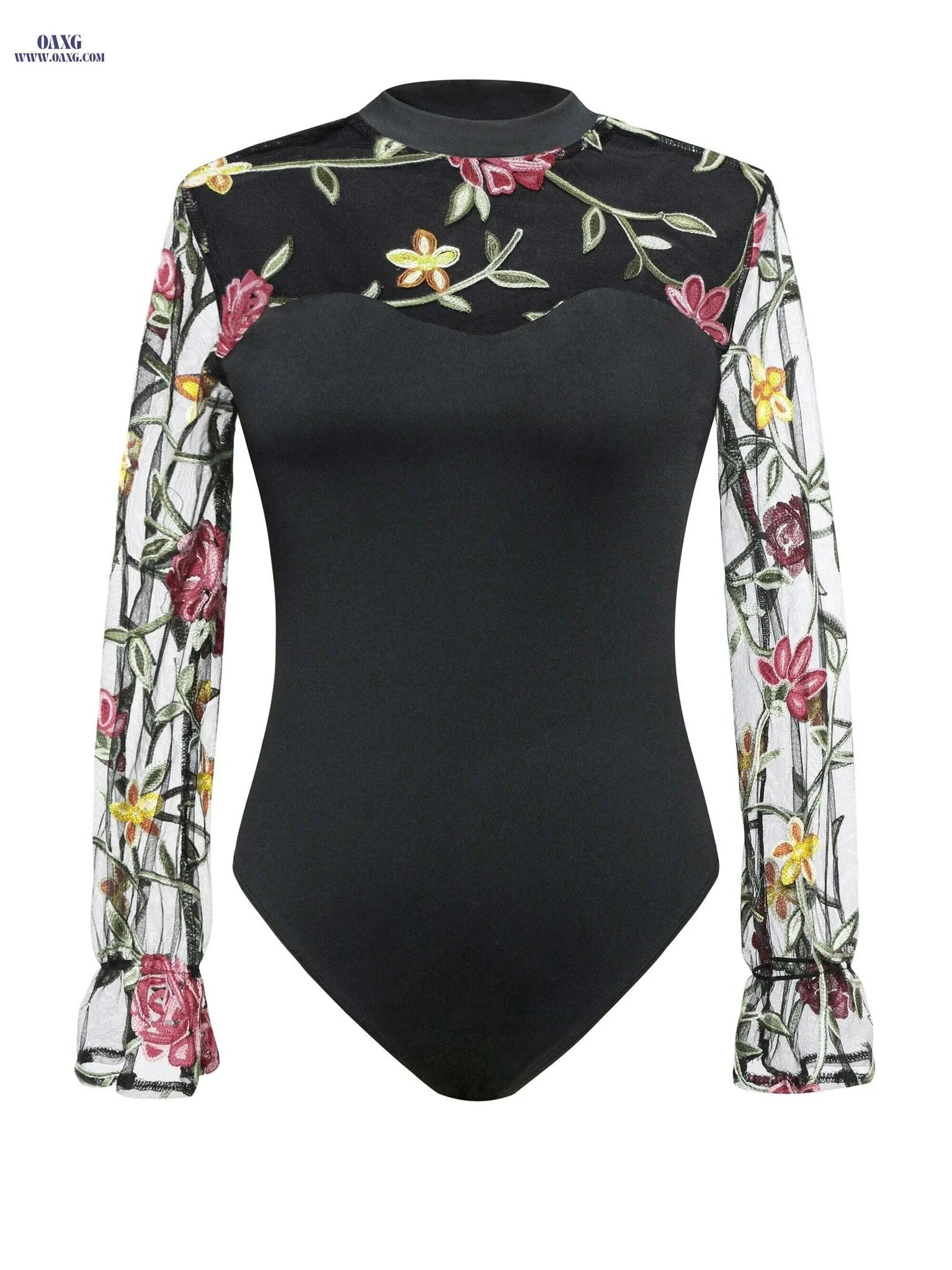 Black & Red Floral Mesh One-Piece Top - Sexy Stand Collar Style   OAXG Black / S