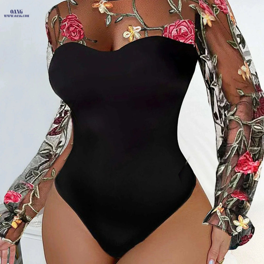 Black & Red Floral Mesh One-Piece Top - Sexy Stand Collar Style   OAXG Black / S