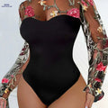 Black & Red Floral Mesh One-Piece Top - Sexy Stand Collar Style   OAXG Black / S