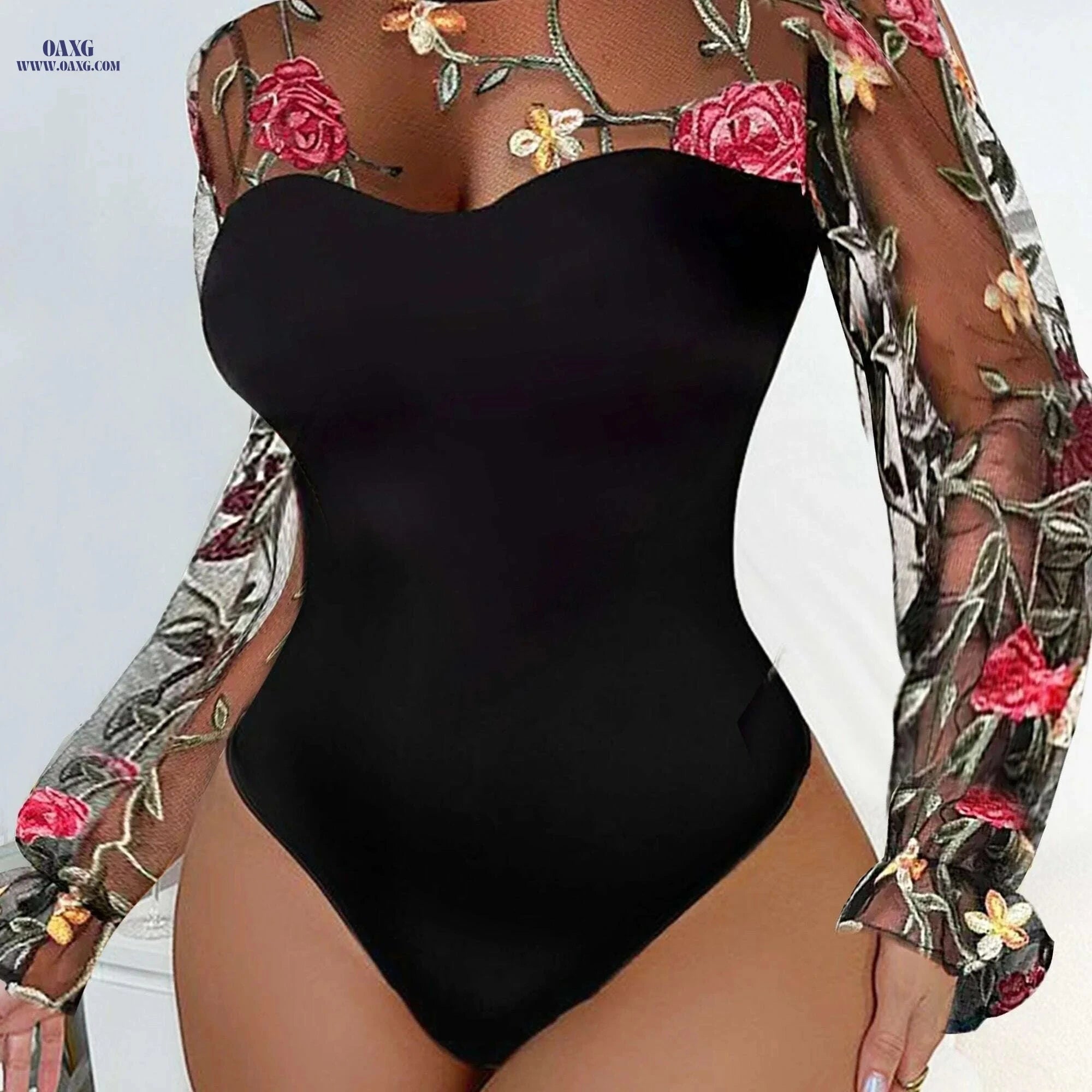 Black & Red Floral Mesh One-Piece Top - Sexy Stand Collar Style   OAXG Black / S