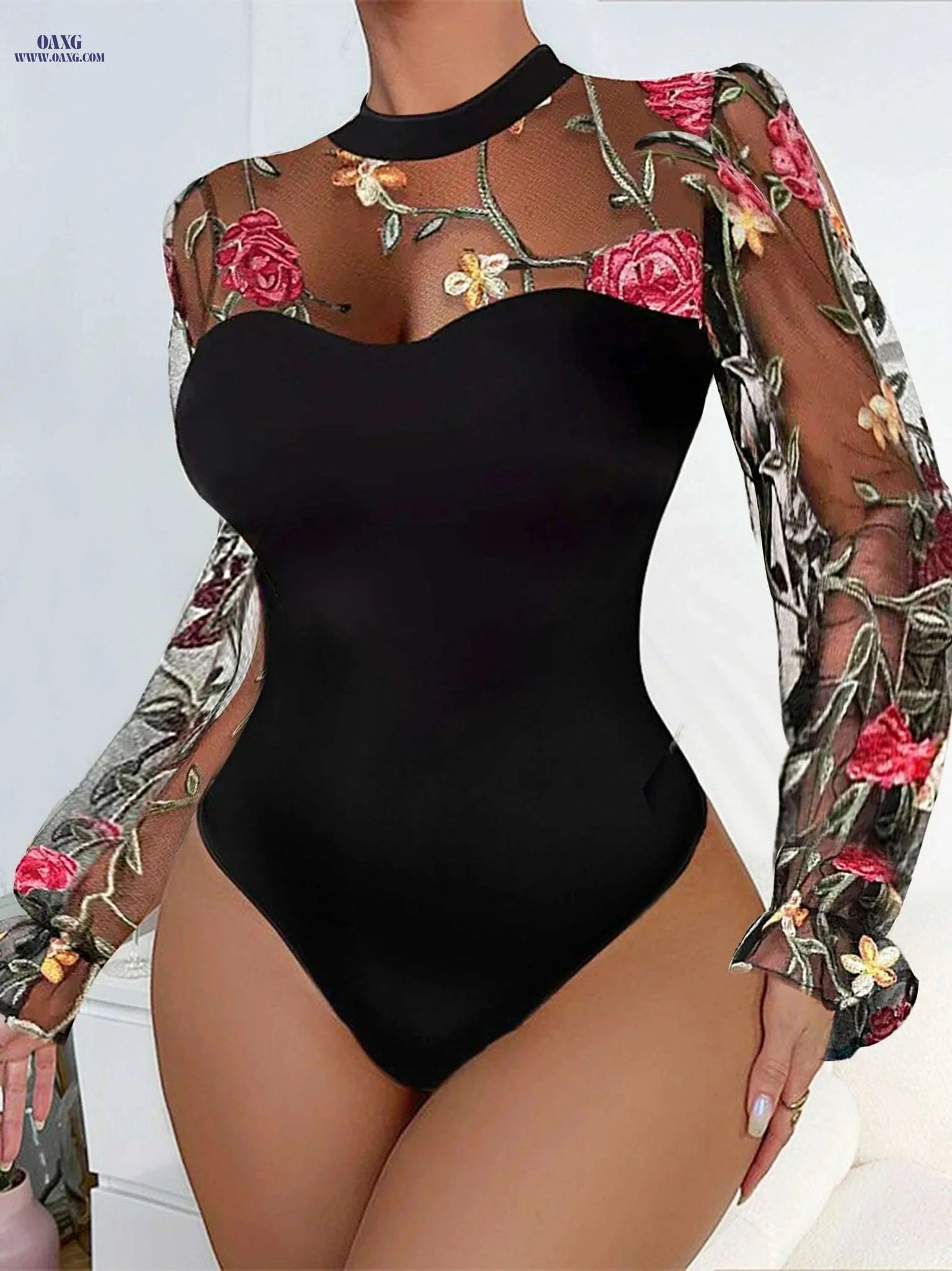 Black & Red Floral Mesh One-Piece Top - Sexy Stand Collar Style   OAXG Black / S
