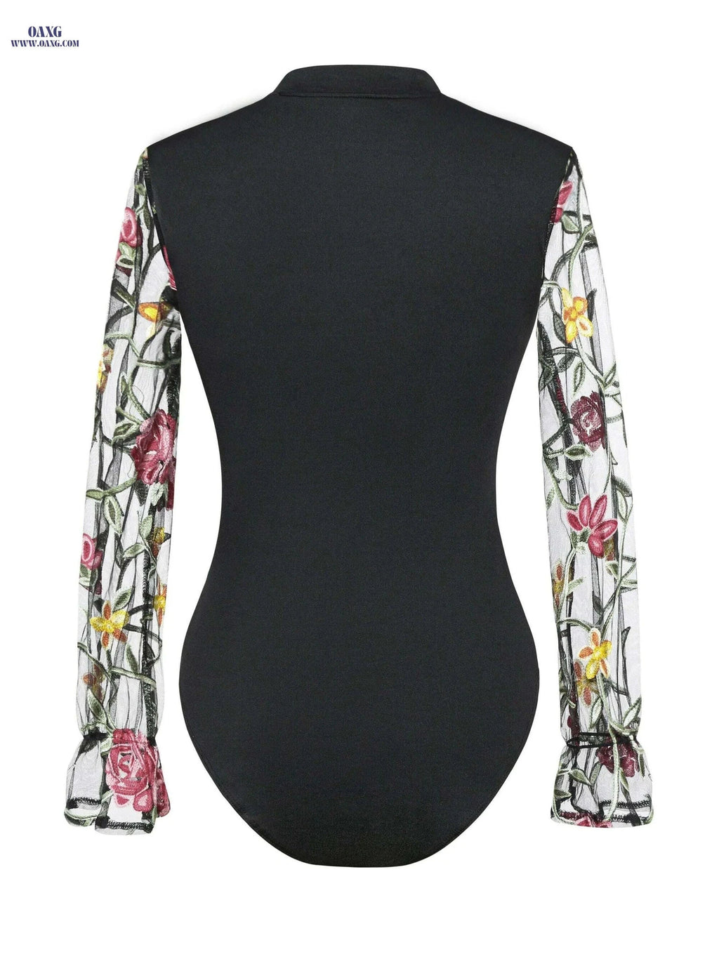 Black & Red Floral Mesh One-Piece Top - Sexy Stand Collar Style   OAXG 
