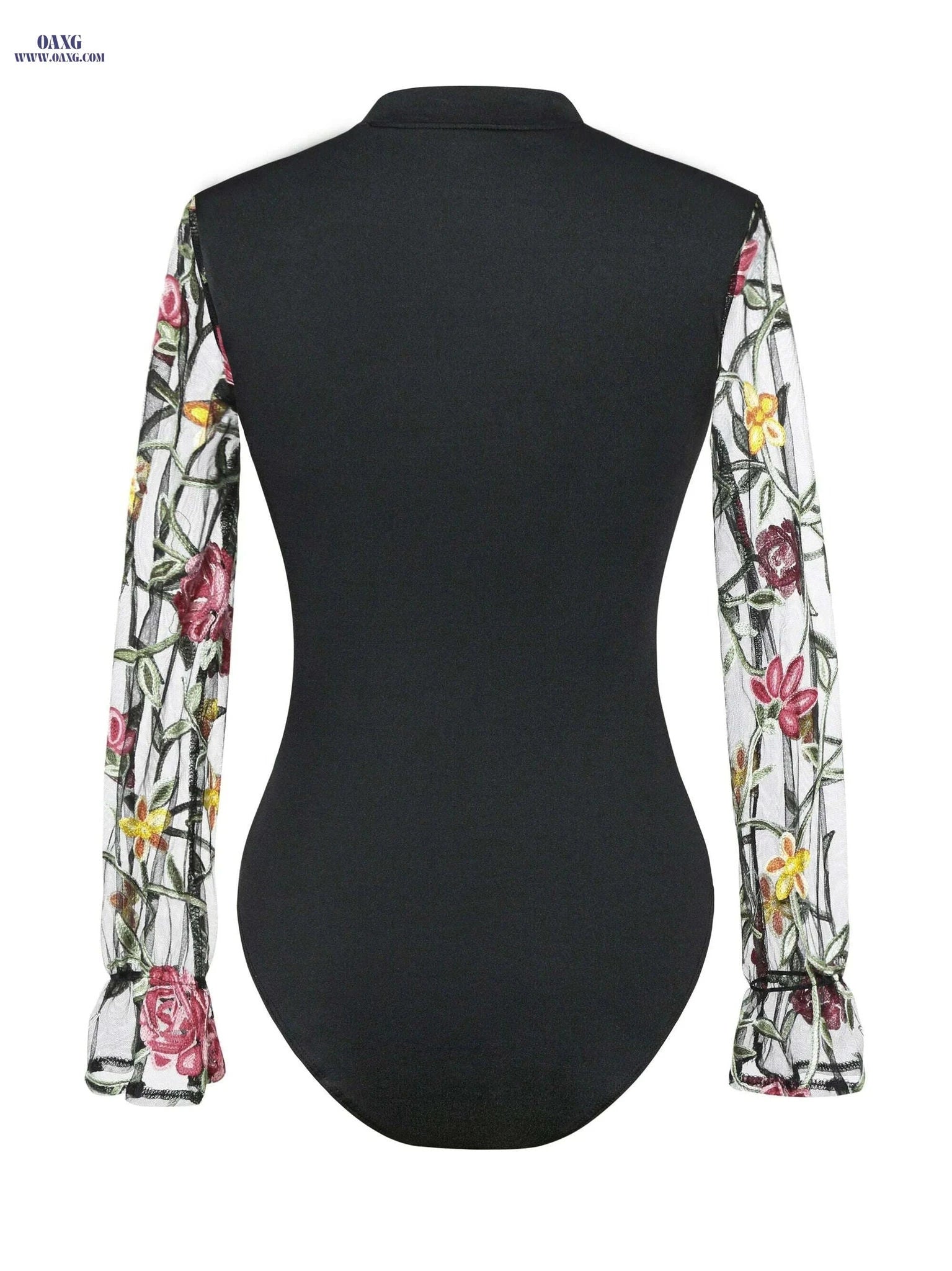 Black & Red Floral Mesh One-Piece Top - Sexy Stand Collar Style   OAXG 