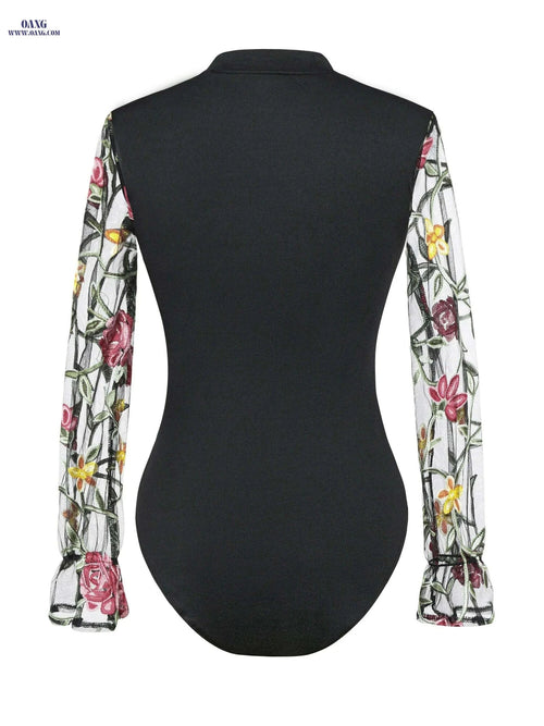 Black & Red Floral Mesh One-Piece Top - Sexy Stand Collar Style   OAXG 
