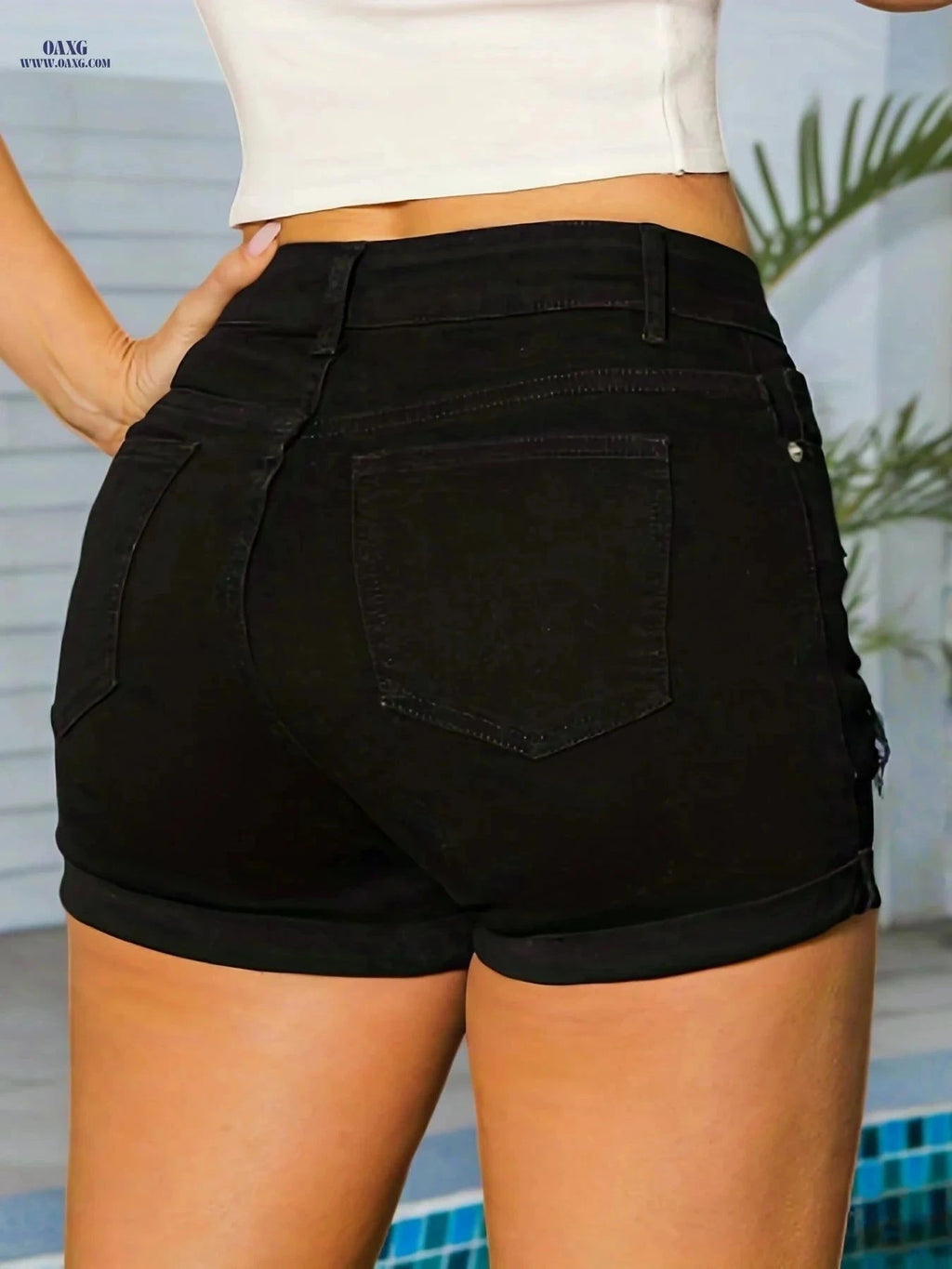 Black Slim Fit Ripped Denim Shorts - High Stretch for Women   OAXG Black / S