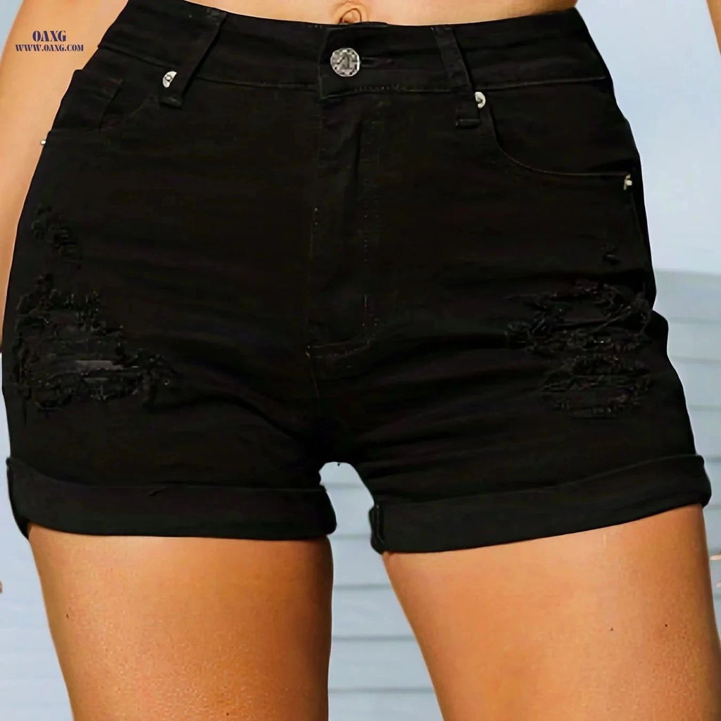Black Slim Fit Ripped Denim Shorts - High Stretch for Women   OAXG Black / S