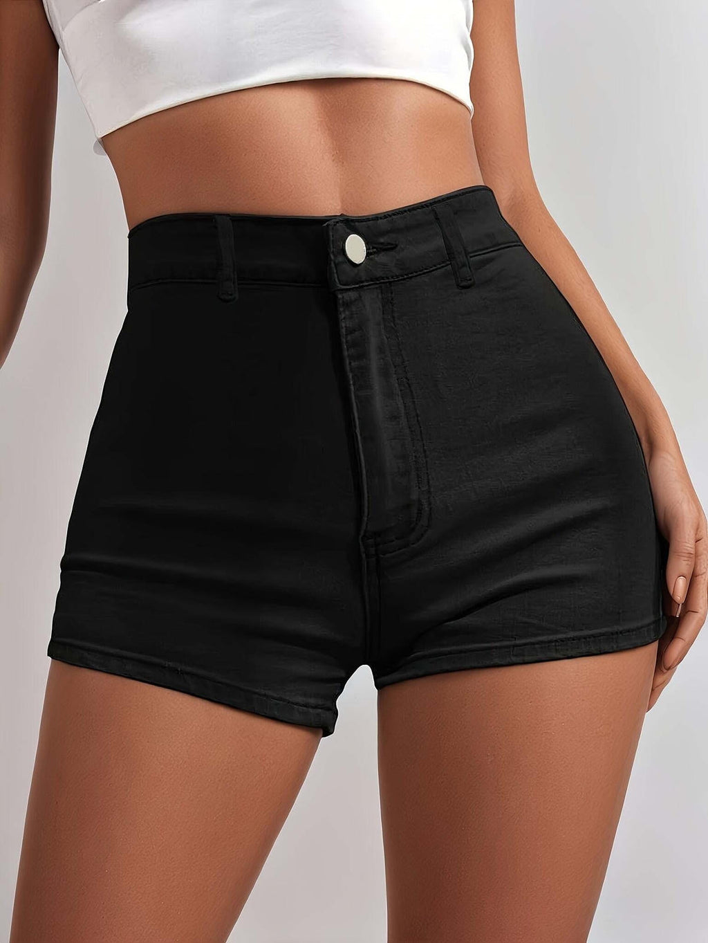 Black Stretch Slim Fit Denim Shorts - Casual Mid Waist Design   OAXG 