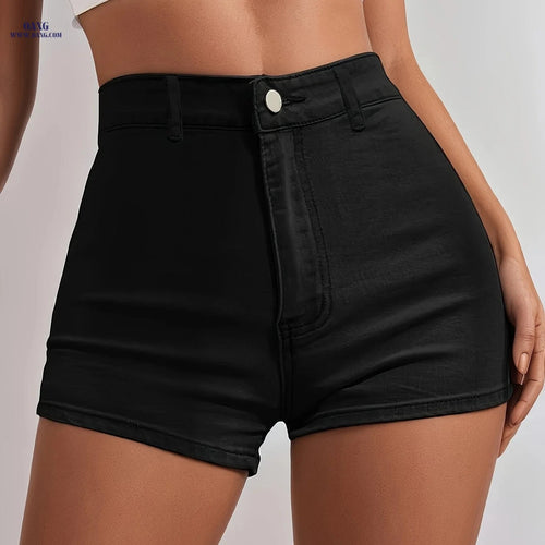 Black Stretch Slim Fit Denim Shorts - Casual Mid Waist Design   OAXG 